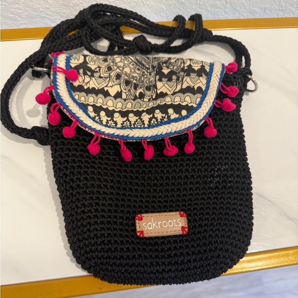 Sakroots Black and Cream Crochet Crossbody Bag with Pink Accents
